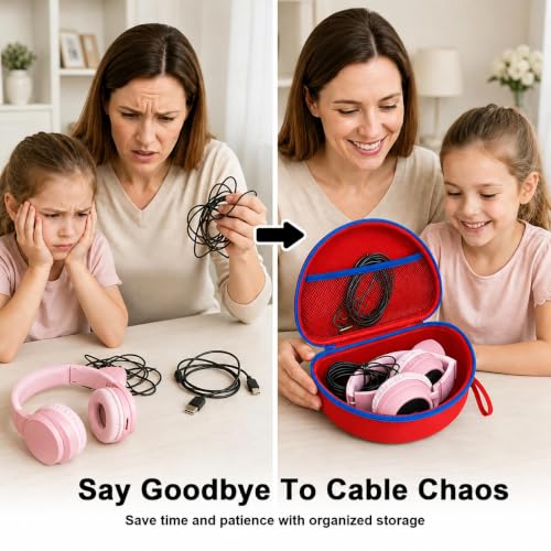 PAIYULE Kids Headphone Case for Riw,Box CT-7S/CT-7, for iClever IC-HS01 | Headphone case for kids, hard EVA shell, mesh pocket, fits cat-ear over-ear models, red, school and travel, box only, Red - color: Red