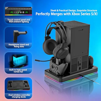 Cooling Fan & Charging Stand for Xbox Series X/S Console & Controller,Vertical Cooler System Dual Charger Station Dock Accessories for Xbox Series S/X with RGB Lights，Independent Headset Stand