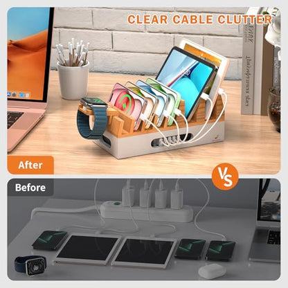 Pezin & Hulin Bamboo Charging Station with 5 Cables-Natural+White - color: Natural + White