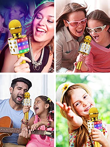 BlueFire 4 in 1 Karaoke Wireless Microphone with LED Lights, Portable Microphone for Kids, Great Gifts Toys for Kids, Girls, Boys and Adults (Gold) - color: gold