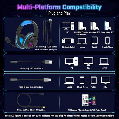 Mormoque H20 Stereo Gaming Headset with Adapter Kit-Includes 3.5mm,USB-C,USB-A,PC Splitter,for PC, PS5, PS4,Xbox, Switch,X|S,Over-Ear Noise Cancelling Wired Headphones with Microphone for phone,Laptop