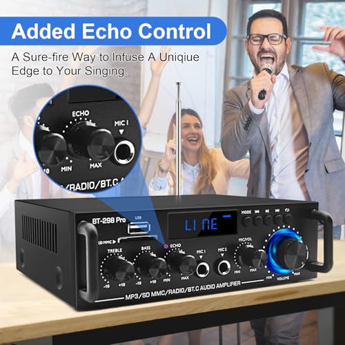 BT-298Pro 400W Amp, 2.0 Bluetooth Home Stereo Receiver w/Mic Echo & Bass | Stable BT 5.0 for phones/tablets. Supports USB, SD, AUX & FM. MIC input with adjustable echo for karaoke fun