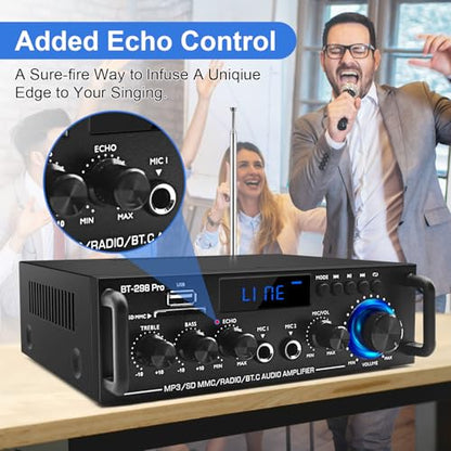 BT-298Pro 400W Amp, 2.0 Bluetooth Home Stereo Receiver w/Mic Echo & Bass | Stable BT 5.0 for phones/tablets. Supports USB, SD, AUX & FM. MIC input with adjustable echo for karaoke fun