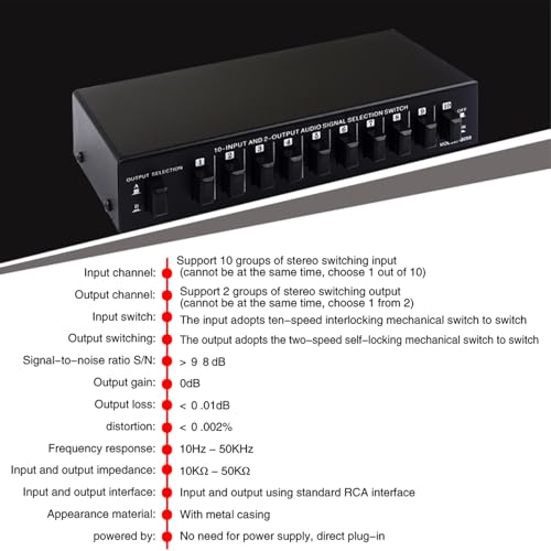 Av Switcher, Audio Video Selector 10 in 2 Out, Composite Box for TV, MP3 CD Player, Video Game with Plug and Play, No Power Needed,Smooth Switching,High Fidelity Sound Reproduction