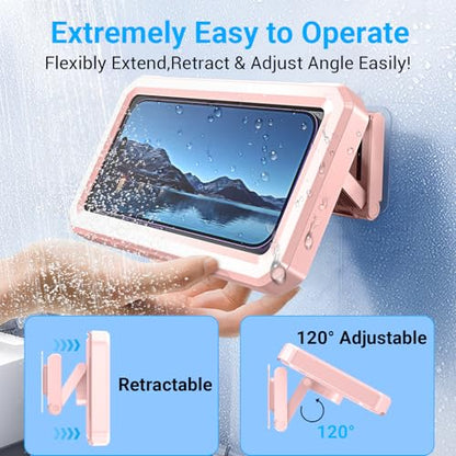 Coolpow Shower Phone Holder Waterproof【480°Rotatable】Retractable Adjustable Shower Phone Case Shower Stall Accessories for Bathroom Wall Phone Mount Stand Water Proof Anti Fog Case for 4-7"Cellphones - color: Pink