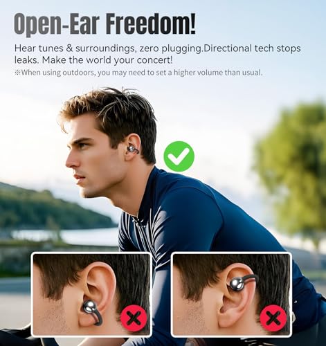 King Lucky Clip-On Earbuds Gen 3, Open-Ear Wireless Bluetooth 6.0 Headphones with Mic, Secure Fit for Small Ears & Glasses Wearers, 50H Playtime, LED Digital Display, ENC, IPX5 Waterproof(Balck) - color: Black, size: Digital Display