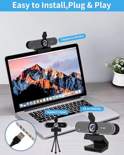 1080P Full HD Webcam with Microphone, 110° Wide Angle, Autofocus, USB Plug and Play, for Video Conferencing, Streaming, with Tripod