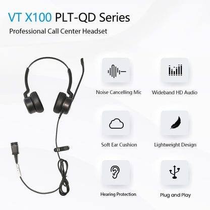 Plantronic-QD Headset with Microphone - for Cables with 4-Pin Quick Disconnect Connector for Call Center Office (Binaural) - style: Binaural
