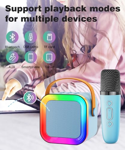 Mini Kids Karaoke Machine Ages 3-12, Wireless Microphones Bluetooth Speaker | LED Party Lights, Voice Changer, Duets, BT 5.3, Rechargeable Portable, Birthday Christmas Toys & Gifts for Boys & Girls - color: Blue - 1 Mic