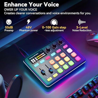 PUSOKEI Gaming Audio Mixer, Bluetooth 5.0 Live Sound Card with RGB Light, XLR Interface, Audio Interface with Pro preamp, Volume Fader, 48V Phan tom Power, for Live Streaming