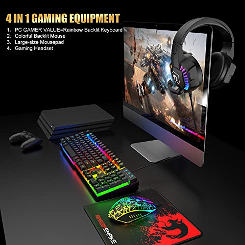 Wired Gaming Keyboard and Mouse Headset Combo,Rainbow LED Backlit Wired Keyboard,Over Ear Headphone with Mic,Rainbow Backlit Gaming Mice,Mouse Pad,for PC,Laptop,Mac,PS4,Xbox(Black) - color: Black