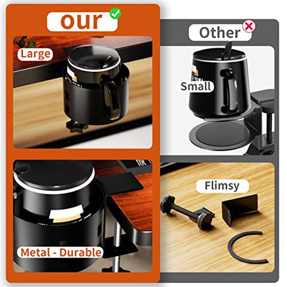 Upgraded Large Desk Cup Holder Clamp, OOKUU Anti-Spill Table Cup Holder, Metal Office & PC Gaming Desk Accessories, Compatible with Universal Cup, Bottles, Pencil Holder (Black) - color: Black, size: 3.95 inch
