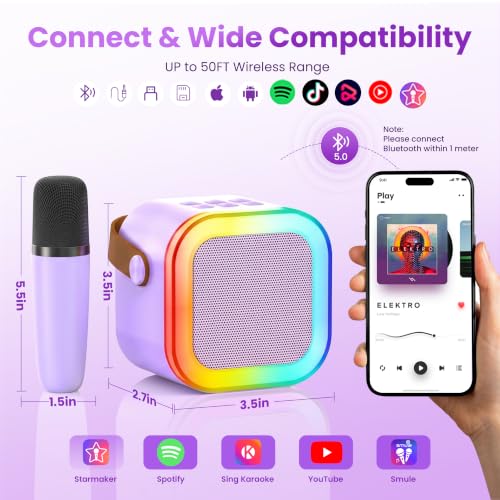 Mini Karaoke Machine, Portable Bluetooth Speaker & 2 Wireless Microphones | Karaoke Player Karaoke Microphone For Family Home Party Outdoor With HI-FI Sound | 5 Magic Sound | PA System | USB | TF | AUX - color: Light Purple