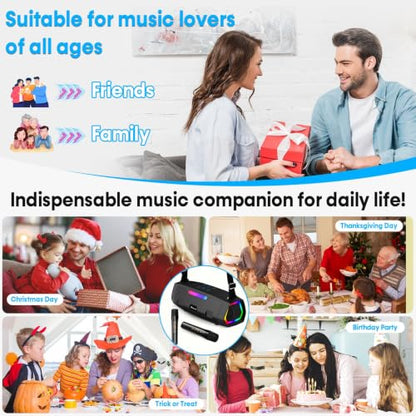 60W Clear Powerful Karaoke Machine: Portable 2 Wireless UHF Microphones | 6-12H Long Runtime Karaoke Speaker for All Home Party & Events 10s 5.3 Bluetooth Fast Pairing & 50ft Stable Connection