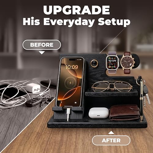 TESLYAR Wood Phone Docking Station for Men - Desk or Nightstand Organizer - Birthday Gifts for Husband, Dad - Anniversary Idea from Wife - Key Holder, Stand Wallet, Watch & Essentials (Granite Black) | Solid Ash Nightstand Organizer with Key Holder, Walle