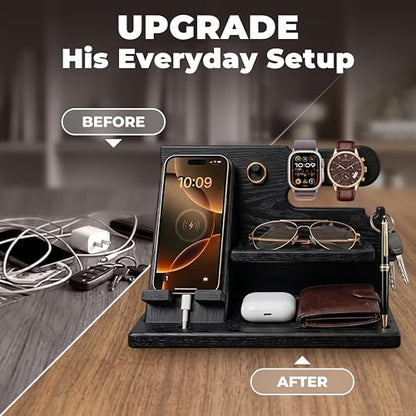 TESLYAR Wood Phone Docking Station for Men - Desk or Nightstand Organizer - Birthday Gifts for Husband, Dad - Anniversary Idea from Wife - Key Holder, Stand Wallet, Watch & Essentials (Granite Black) | Solid Ash Nightstand Organizer with Key Holder, Walle