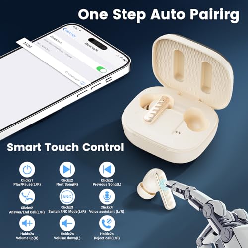 Wireless Earbuds with Smart Touch Screen Bluetooth in-Ear Headphones ANC Noise Cancelling Clear Calls 60H Playtime IPX5 Waterproof Earbuds for Sports Gym Work Travel - color: Beige