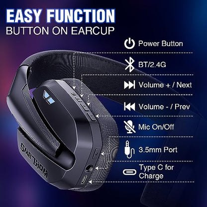 Wireless Gaming Headset for PS5, PS4, PC, Mac, Switch, Bluetooth Over-Ear Headphones with Detachable and Built-in Mics, Low Latency, Lightweight, Noise Isolation, 48H Battery
