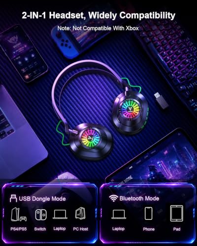 Vakedy Wireless Gaming Headset for PS5,PS4,Mac,Switch, RGB 20ms Latency | 2.4GHz & BT Gaming Headphones, 50H Battery and Noise Canceling Mic for Fortnite & Call of Duty/FPS Gamers, 50MM Drivers - color: Cool Black
