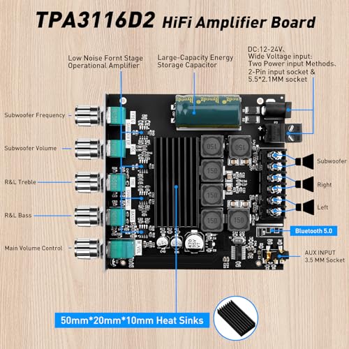 Daakro ZK-TB21 Bluetooth Amplifier Board,50W+50W+100W 2.1 Channel Subwoofer Amp Board with Treble and Bass Control,DC 12-24V, Bluetooth and AUX Inputs, DIY Wireless Speakers AMP Board, Password Free - color: ZK-TB21