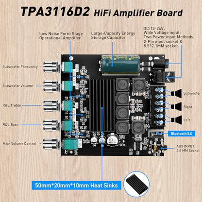 Daakro ZK-TB21 Bluetooth Amplifier Board,50W+50W+100W 2.1 Channel Subwoofer Amp Board with Treble and Bass Control,DC 12-24V, Bluetooth and AUX Inputs, DIY Wireless Speakers AMP Board, Password Free - color: ZK-TB21