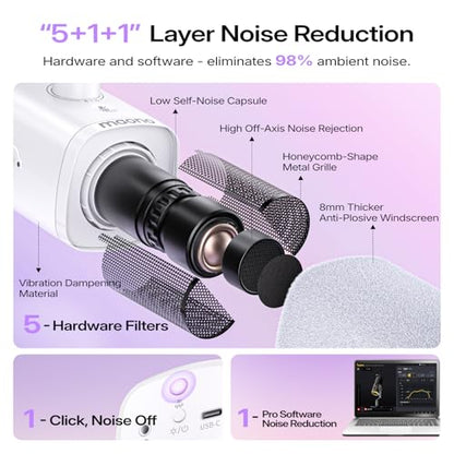 MAONO PD100W Wireless Dynamic Microphone for iPhone, Android & PC (White) | USB-C & Lightning Receivers, Noise Reduction,RGB Lighting, Software EQ, for Gaming, Streaming and Content Creation - color: White