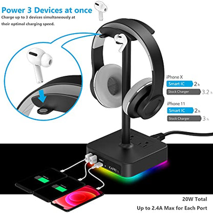 KAFRI RGB Headphone Stand with USB A&C Charger Desk Gaming Headset Holder Hanger Rack with 3 USB Charging Port and 2 Outlet - Suitable for Gamer Desktop Table Game Earphone Accessories Boyfriend Gifts - color: A-ONE STAND