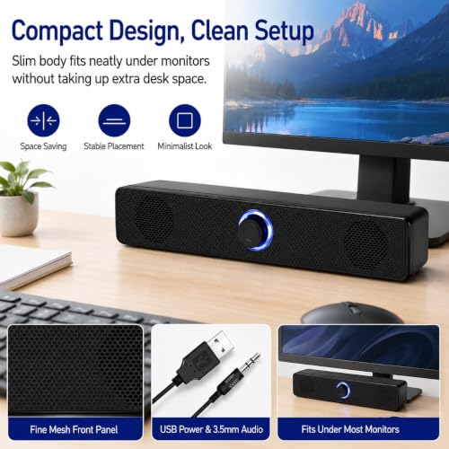 Computer Speakers USB-A Powered Wired Stereo Desktop Speakers with 3.5mm Aux Plug No Bluetooth for PC Laptop 2026, Black - color: Black