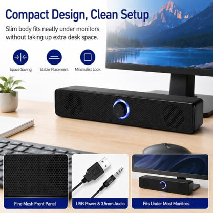 Computer Speakers USB-A Powered Wired Stereo Desktop Speakers with 3.5mm Aux Plug No Bluetooth for PC Laptop 2026, Black - color: Black