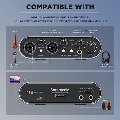 Saramonic MV-Mixer Dual-Channel XLR Audio Interface Mixer for Mac PC Recording Studio Singers Musicians Podcasters Guitar Sound Equipment, Real-Time and Playback Monitoring Music Production Software