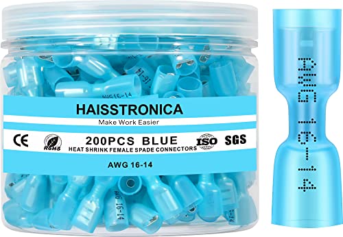 haisstronica 200PCS Heat Shrink Spade Connectors, 16-14 AWG, Female, Blue - color: Blue, size: AWG 16-14 Female 200PCS