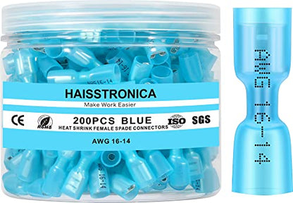 haisstronica 200PCS Heat Shrink Spade Connectors, 16-14 AWG, Female, Blue - color: Blue, size: AWG 16-14 Female 200PCS