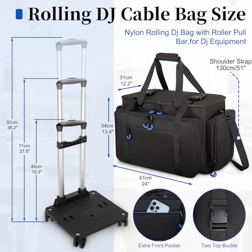 Large Rolling Dj Cable Bag with Detachable Dividers, Bottom Pad | Dj Bag for Equipment and Accessories with Laptop and Microphone Pocket, Dj Gig Bag for Musician, Professional, Travel, Blue - color: Blue, style: Rolling Dj Cable Bag