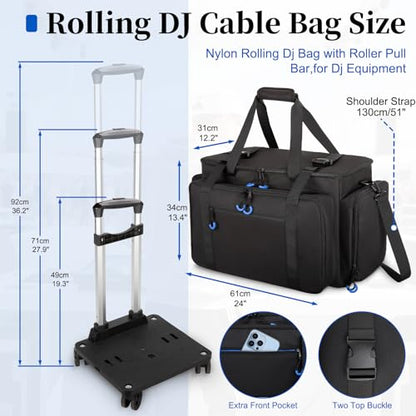 Large Rolling Dj Cable Bag with Detachable Dividers, Bottom Pad | Dj Bag for Equipment and Accessories with Laptop and Microphone Pocket, Dj Gig Bag for Musician, Professional, Travel, Blue - color: Blue, style: Rolling Dj Cable Bag