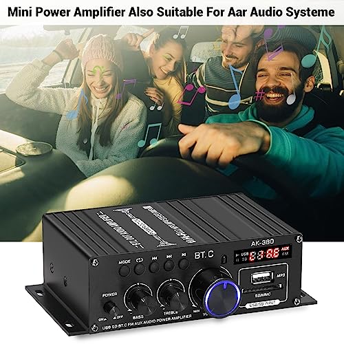 AK-380 Bluetooth 5.0 Home Audio Amplifier for Car Home Bar Garage | Max 400W+400W 2.0CH HiFi Stereo With 12V 5A Power Supply, Wireless Receiver With USB SD BT.C FM AUX - style: MAX 350Wx2