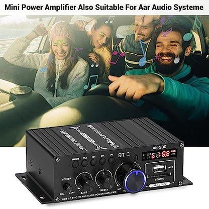 AK-380 Bluetooth 5.0 Home Audio Amplifier for Car Home Bar Garage | Max 400W+400W 2.0CH HiFi Stereo With 12V 5A Power Supply, Wireless Receiver With USB SD BT.C FM AUX - style: MAX 350Wx2