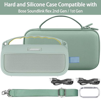 co2CREA Hard and Silicone Case for Bose SoundLink Flex 2/1, Alpine Sage | 2nd Gen Compatibility, Dual-Layer Protection, EVA Hard Shell, Silicone Cover, Adjustable Shoulder Strap, Aluminum Carabiner - color: Alpine Sage Case