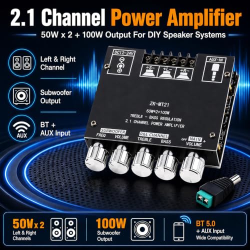 ZK-MT21 Bluetooth Power Amplifier Board 2.1 Channel 50W x 2 + 100W | Mini amp module. quickly connects. Fits car audio speakers/home theater. with bass,treble,subwoofer and volume control