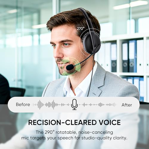USB Headset with Noise-Canceling Microphone, USB-C/USB-A/3.5mm for PC Mac | 290° Rotating Noise-Canceling Mic, Dual Mute Controls, Lightweight Comfort, and 3-Way Connectivity for Clear Calls