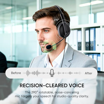 USB Headset with Noise-Canceling Microphone, USB-C/USB-A/3.5mm for PC Mac | 290° Rotating Noise-Canceling Mic, Dual Mute Controls, Lightweight Comfort, and 3-Way Connectivity for Clear Calls