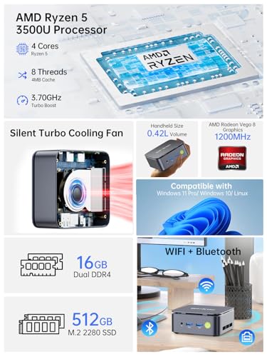 GMKtec G10 Mini PC Computer, Ryzen 5 3500U (Beats 4300U/N150/3300U), 16GB RAM 512GB SSD 2.5GbE NIC LAN Desktop Office Home Business HTPC, Triple 4K Display, WiFi, BT, USB-C, DP, Type-C PD, HDMI 2.1 - size: R5 3500U Blk 16GB DDR4+512GB
