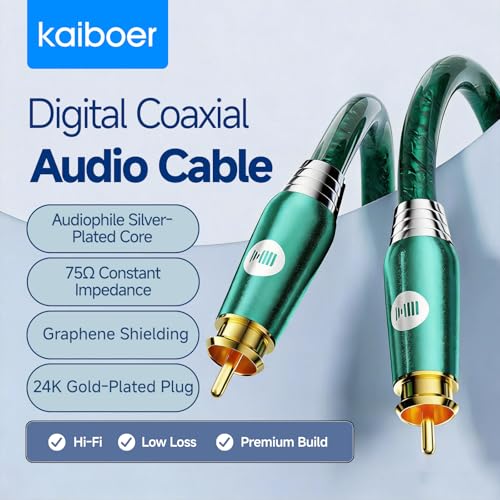 Digital Audio Coaxial Cable, Silver-Plated Copper Core & Gold-Plated Connectors, Suitable for Home Theaters, Audio Systems, Car Sound Systems, Speakers, DVD Players, Emerald, 6.5FT/2M - size: 6.5FT/2M
