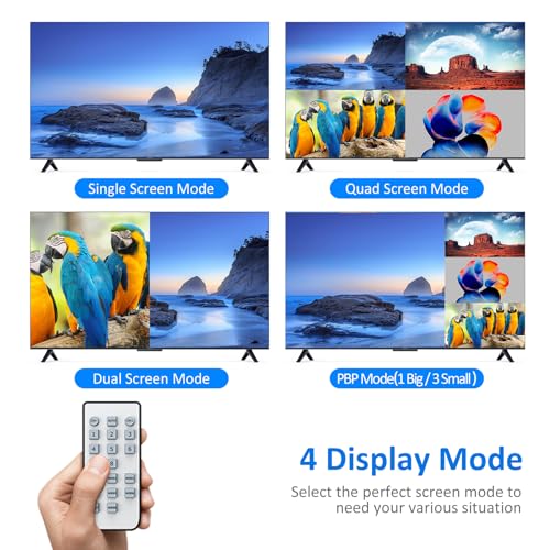 4K HDMI Multiviewer 4x1, 4K@30Hz Seamless HDMI Quad Switcher 4 in 1 Out for Security Camera, Gaming Consoles, Single/Quad/Dual/PBP Modes with IR Remote - size: 4K@30Hz 4x1 w/o KVM