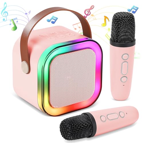 Mini Karaoke Machine, Portable Bluetooth Karaoke Speaker with 2 Wireless Microphones and Light for Family Home Party,Toys for Girls Boys Friends Age 3-12+ Kids and Adults Birthday Gifts.(Pink) - color: Pink