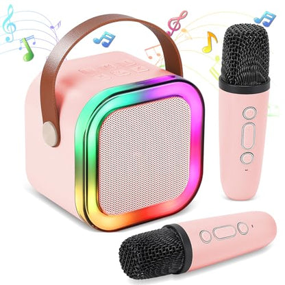 Mini Karaoke Machine, Portable Bluetooth Karaoke Speaker with 2 Wireless Microphones and Light for Family Home Party,Toys for Girls Boys Friends Age 3-12+ Kids and Adults Birthday Gifts.(Pink) - color: Pink