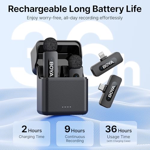 BOYA BY-V3 Combo Wireless Microphone for iPhone Android Smartphone,100M Los Range,36H Duration,Noise Cancellation,Plug&Play Lavalier Lapel Mics for Vlogging Interview 2-in-1 Charging Case(2TX+2RX) - style: BY-V3 Combo(2TX+2RX+CC)