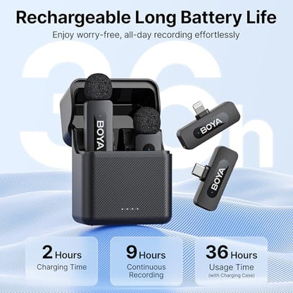 BOYA BY-V3 Combo Wireless Microphone for iPhone Android Smartphone,100M Los Range,36H Duration,Noise Cancellation,Plug&Play Lavalier Lapel Mics for Vlogging Interview 2-in-1 Charging Case(2TX+2RX) - style: BY-V3 Combo(2TX+2RX+CC)