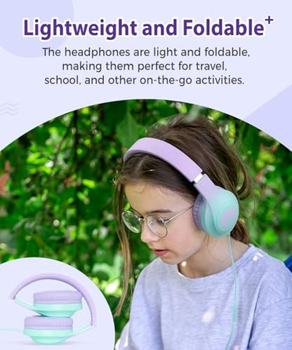 rockpapa 3.5mm Wired Headphones for Kids with Microphone, 85/94dB Limiter - color: Purple Teal