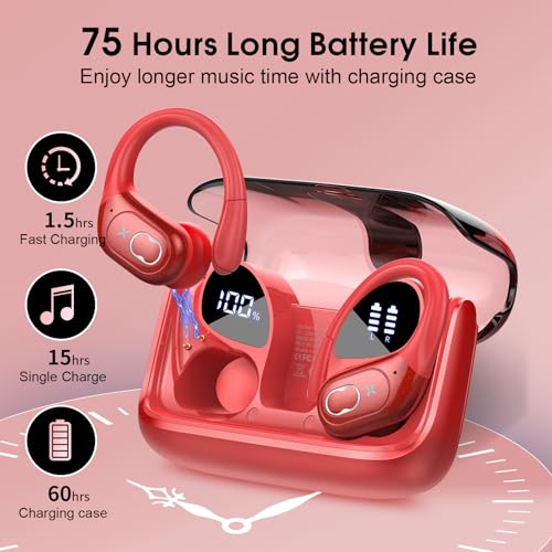 Wireless Earbuds 75H Bluetooth 5.4 Sport Headphones with Earhooks, Red | IPX7 Waterproof In-ear Buds Feature ENC Noise Cancelling Mic & Deep Bass. Stereo Sound Device for Gym Running Workout - color: Red