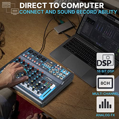 Pyle 8 Channel Bluetooth Studio Mixer - USB Computer Recording, Built-In MP3 Player, 48V Phantom Power, 16-Bit DSP FX, 3-Band EQ, XLR Combo Inputs, DJ Sound Board - PMXU83BT.5 - size: 8